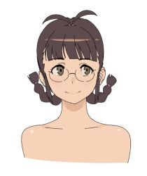 Rule 34 | 1girl, akizuki ritsuko, braid, brown eyes, brown hair, glasses, hamanasu, idolmaster, idolmaster (classic), smile, solo, twin braids