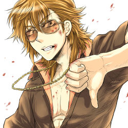 Rule 34 | 1boy, blood, brown hair, jewelry, lowres, male focus, nari830, necklace, open clothes, open shirt, original, shirt, simple background, solo, sunglasses, thumbs down, white background