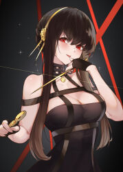 Rule 34 | 1girl, bare shoulders, black dress, black gloves, black hair, blush, breasts, cleavage, dagger, dress, dual wielding, fingerless gloves, gloves, gold hairband, hair ornament, hairband, highres, holding, knife, large breasts, long hair, looking at viewer, parted lips, red eyes, sidelocks, smile, solo, sparkle, spy x family, tongue, tongue out, ura illust, variant set, weapon, yor briar