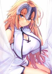 Rule 34 | 1girl, blonde hair, blue eyes, blush, breasts, cleavage, cleavage cutout, clothing cutout, curtains, dress, fate/apocrypha, fate/grand order, fate (series), gloves, headpiece, highres, jeanne d&#039;arc (fate), jeanne d&#039;arc (ruler) (fate), large breasts, long hair, ninoude (ninoude44), sleeveless, smile, solo, very long hair, white dress