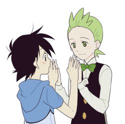 Rule 34 | 2boys, ash ketchum, bad id, bad pixiv id, black hair, bow, bowtie, brown eyes, child, cilan (pokemon), creatures (company), formal, game freak, green eyes, green hair, hood, hoodie, lowres, multiple boys, nintendo, ochappa, pokemon, pokemon (anime), pokemon bw (anime), simple background, smile, traditional bowtie, vest, white background