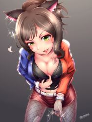 Rule 34 | 10s, 1girl, animal ears, breasts, brown hair, cat ears, chain, cleavage, clothes pull, ear piercing, fang, fishnet pantyhose, fishnets, gradient background, green eyes, idolmaster, idolmaster cinderella girls, jacket, maekawa miku, naughty face, navel, pantyhose, piercing, shirt pull, short hair, solo, tattoo, teirettei, tongue, tongue out, torn clothes, torn pantyhose