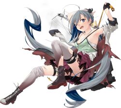 Rule 34 | 1girl, ahoge, bow, bowtie, fujikawa, full body, grey eyes, grey hair, hair between eyes, hair ribbon, kantai collection, kiyoshimo (kancolle), kiyoshimo kai ni (kancolle), legs, long hair, long sleeves, looking at viewer, low twintails, official art, one eye closed, open mouth, ribbon, school uniform, solo, torn clothes, transparent background, twintails, very long hair