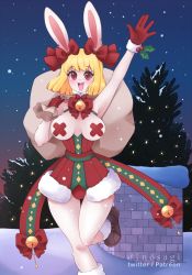 Rule 34 | bell, blonde hair, breasts, carrot (one piece), chimney, christmas, highres, night, one piece, pasties, rabbit ears, rabbit girl, rabbit tail, ribbon, short hair, snow, tape, tape on nipples, tree