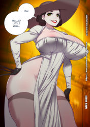Rule 34 | 1girl, alcina dimitrescu, areola slip, black gloves, black hair, bokuman, breasts, brown thighhighs, commentary, curvy, english text, gloves, grin, huge breasts, large hat, looking at viewer, resident evil, resident evil village, short hair, skindentation, smile, solo, tall female, thick thighs, thighhighs, thighs, yellow eyes