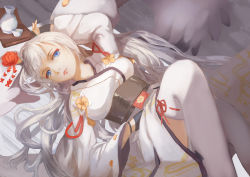 Rule 34 | 1girl, azur lane, black gloves, blue eyes, blush, bottle, breasts, collarbone, cup, eyeshadow, flower, gloves, hair flower, hair ornament, unworn hair ornament, hand on own stomach, japanese clothes, kimono, knees up, large breasts, lipstick, long hair, looking at viewer, lying, makeup, mllay-wulai, mole, mole under eye, obi, on back, parted lips, sake bottle, sash, shoukaku (azur lane), silver hair, smile, solo, thighhighs, tokkuri, white thighhighs, wide sleeves