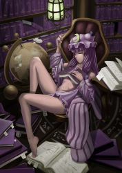 Rule 34 | 1girl, bad id, bad pixiv id, barefoot, bespectacled, book, bookmark, bookshelf, breasts, censored, control5, convenient censoring, crescent, feet, female focus, glasses, globe, hat, highres, indoors, legs, library, long hair, magic circle, nude, open clothes, patchouli knowledge, purple hair, ribbon, sleeping, solo, striped, touhou, underboob, voile