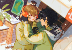 Rule 34 | 2boys, akechi gorou, amamiya ren, black cat, black gloves, black hair, blurry, brown hair, brown sweater, cat, coat, depth of field, earmuffs, eyelashes, fingerless gloves, glasses, gloves, grey coat, grimace, grin, hair between eyes, highres, hood, hood down, jeliwyre, lamppost, leaf, long sleeves, maple leaf, messy hair, morgana (league of legends), multiple boys, pawpads, persona, persona 5, plant, poster (object), potted plant, short hair, smile, snowing, snowman, sweater, whiskers, winter clothes, yaoi