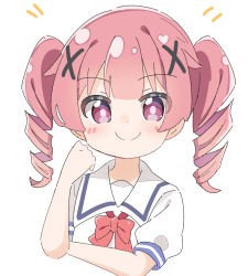 Rule 34 | 1girl, alternate hairstyle, blush, bow, closed mouth, commentary request, cropped torso, hair ornament, hand up, highres, kapuru 0410, looking at viewer, notice lines, pink hair, puffy short sleeves, puffy sleeves, purple eyes, red bow, ringlets, school uniform, shirt, short sleeves, simple background, smile, solo, tanemura koyori, twintails, upper body, watashi ni tenshi ga maiorita!, white background, white shirt, x hair ornament