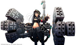 Rule 34 | 1girl, ammunition belt, black hair, breasts, bustier, cleavage, cosmic break, cross, fingerless gloves, gatling gun, gloves, gun, hat, highres, iron cross, jacket, lisel zweig, looking at viewer, medium breasts, midriff, military, military uniform, morizo cs, navel, official art, open clothes, open jacket, open mouth, open pants, outstretched arm, panties, pants, peaked cap, red eyes, rocket launcher, solo, standing, stomach, underwear, uniform, weapon, white background