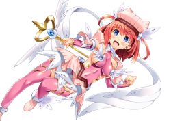 Rule 34 | 1girl, :d, armpits, backless outfit, blue eyes, blush, breasts, collarbone, covered navel, detached sleeves, hat, holding, holding staff, long sleeves, looking at viewer, magical girl, medium breasts, open mouth, original, pink thighhighs, red hair, shinozuka atsuto, sideboob, skin tight, smile, solo, staff, thighhighs, two side up