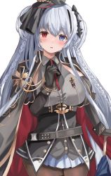 Rule 34 | 1girl, :o, azur lane, black gloves, black hat, black pantyhose, blue eyes, blush, braid, breasts, coat, coat on shoulders, elbing (azur lane), gloves, grey hair, hair ornament, hat, heterochromia, highres, large breasts, long hair, looking at viewer, military, military uniform, open mouth, pantyhose, pleated skirt, red eyes, simple background, skirt, solo, standing, umbrella, uniform, watage tanpopo, white background, white skirt