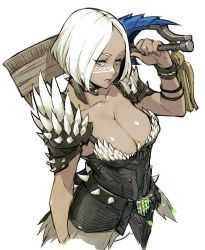 Rule 34 | 1girl, armor, black feathers, blue eyes, bob cut, bracelet, breasts, cleavage, closed mouth, collarbone, eyes visible through hair, facial mark, feathers, fingernails, glowing, highres, holding, holding weapon, jewelry, kyo (kuroichigo), monster hunter (series), monster hunter: world, over shoulder, pauldrons, red lips, short hair, shoulder armor, simple background, weapon, weapon over shoulder, white background, white hair