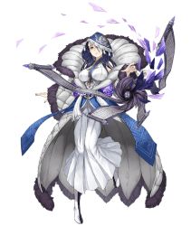 Rule 34 | 1girl, bare shoulders, black hair, blue eyes, breasts, dress, expressionless, full body, fur trim, hood, ji no, kaguya (sinoalice), large breasts, long hair, looking at viewer, nail polish, official art, scroll, sinoalice, skull, solo, transparent background, white dress