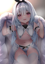 Rule 34 | 1girl, absurdres, bare shoulders, black hairband, black ribbon, blurry, blurry background, breasts, commentary request, depth of field, groin, hair between eyes, hair ribbon, hairband, hands up, hashiko nowoto, highres, long hair, looking at viewer, navel, original, parted lips, red eyes, ribbon, silver hair, sitting, skirt, small breasts, smile, solo, sweat, teeth, thighhighs, under covers, upper teeth only, very long hair, white skirt, white thighhighs