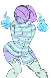 Rule 34 | 1girl, blush, colored skin, contrapposto, ghost, hair ornament, hair over one eye, hairclip, highres, hitodama, jacqueline (maniacpaint), long hair, long sleeves, maniacpaint, original, ponytail, purple hair, purple skin, scrunchie, solo, standing, striped clothes, striped sweater, sweater, thighhighs, turtleneck