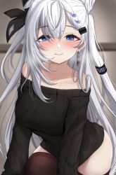Rule 34 | absurdres, blue eyes, blush, highres, hololive, hololive indonesia, makeitezz21, silver hair, sweater, thighhighs, vestia zeta, virtual youtuber