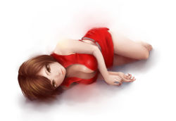 Rule 34 | 1girl, barefoot, belt, breasts, brown eyes, brown hair, cleavage, downblouse, full body, large breasts, lips, looking at viewer, lying, meiko (vocaloid), miniskirt, murasaki (ekyu), nail polish, on side, red nails, red shirt, red skirt, shirt, short hair, simple background, skirt, sleeveless, sleeveless shirt, solo, toenail polish, toenails, vocaloid, white background