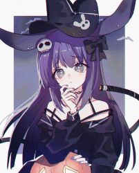Rule 34 | 1girl, animal ears, arknights, bare shoulders, black dress, black hat, blush, bright pupils, chinese commentary, closed mouth, collarbone, commentary request, dress, fingernails, frown, guoshixing, hair ornament, hand on own chin, hand up, hat, highres, long hair, looking at viewer, nail polish, off-shoulder dress, off shoulder, official alternate costume, purple eyes, purple hair, purple nails, rabbit ears, rabbit girl, raised eyebrows, rope (arknights), rope (imp&#039;s house) (arknights), skull hair ornament, solo, upper body, white pupils, witch hat
