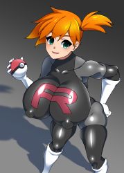 Rule 34 | 1girl, adapted costume, asymmetrical hair, belt, blush, boots, breast slip, breasts, cosplay, cowboy shot, creatures (company), crop top, game freak, gloves, green eyes, gym leader, highres, holding, holding poke ball, huge breasts, legs, looking at viewer, misty (pokemon), navel, nintendo, nipples, noeruin, orange hair, poke ball, pokemon, pokemon rgby, ponytail, short hair, side ponytail, simple background, smile, solo, team rocket, team rocket (cosplay), team rocket uniform, thick thighs, thighhighs, thighs, underboob, wardrobe malfunction, wide hips