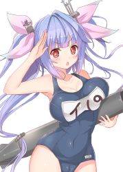 Rule 34 | 10s, 1girl, blue hair, blunt bangs, blush, breasts, cameltoe, carrying, carrying under arm, chestnut mouth, covered navel, cowboy shot, gradient hair, hair ornament, hair ribbon, highres, holding, i-19 (kancolle), kagerou (shadowmage), kantai collection, large breasts, looking at viewer, multicolored hair, name tag, one-piece swimsuit, red eyes, ribbon, salute, school swimsuit, simple background, solo, star-shaped pupils, star (symbol), swimsuit, symbol-shaped pupils, torpedo, tri tails, twintails, white background