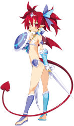Rule 34 | 1girl, ass, asymmetrical footwear, blush, choker, demon girl, demon tail, demon wings, disgaea, disgaea rpg, earrings, etna (disgaea), flat chest, full body, gauntlets, headpiece, holding, holding shield, holding sword, holding weapon, jewelry, long hair, long tail, mismatched footwear, non-web source, official art, photoshop (medium), red eyes, red hair, red tail, red wings, saint etna, shield, simple background, slit pupils, smile, solo, standing, sword, tail, tears, toeless footwear, twintails, weapon, white background, wings