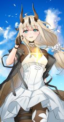 Rule 34 | 1girl, absurdres, ahoge, arknights, black bodysuit, black gloves, blonde hair, blue eyes, blue sky, blush, bodysuit, breasts, cowboy shot, dragon horns, dress, floral print, flower, gloves, glowing, hair flower, hair ornament, hand up, highres, holster, horns, jacket, k@bu, long hair, looking at viewer, low ponytail, official alternate costume, open clothes, open jacket, open mouth, outdoors, print bodysuit, reed (arknights), reed the flame shadow (arknights), sky, small breasts, solo, teeth, thigh holster, upper teeth only, white dress