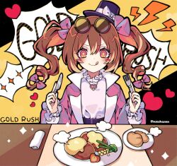 Rule 34 | + +, :q, puff of air, bow, bowl, brown hair, butter, drill hair, eyewear on head, food, fork, hair bow, hat, heart, high collar, holding, holding fork, holding knife, jewelry, knife, kyouda suzuka, long hair, long sleeves, mini hat, plate, sparkle, steam, sunglasses, tilted headwear, tongue, tongue out, top hat, touhou, twin drills, twintails, yorigami jo&#039;on