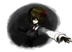 Rule 34 | 1girl, blonde hair, darkness, embodiment of scarlet devil, female focus, grey background, itokana, open mouth, outstretched arm, red eyes, rumia, short hair, smile, solo, touhou, upper body, white background