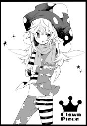 Rule 34 | akimaki yuu, american flag dress, american flag legwear, bad id, bad twitter id, character name, clownpiece, crossed arms, crown, dress, fairy wings, fur trim, greyscale, hat, highres, jester cap, long hair, looking at viewer, monochrome, pantyhose, polka dot, scarf, short dress, solo, standing, star (symbol), star print, striped clothes, striped dress, touhou, touhou sangetsusei, wings