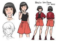 Rule 34 | 1girl, black hair, black shirt, blunt bangs, bob cut, breasts, brown eyes, character name, character sheet, choker, freckles, from behind, grey choker, gurihiru, hand on own cheek, hand on own face, hand on own hip, high-waist shorts, highres, jacket, jewelry, kneepits, looking at viewer, marvel, medium breasts, multiple views, nadia van dyne, necklace, official art, orange shorts, pink lips, red jacket, shirt, short hair, shorts, simple background, sleeveless, sleeveless shirt, smile, socks, standing, white background