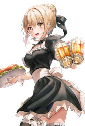 Rule 34 | 1girl, absurdres, artoria pendragon (all), artoria pendragon (fate), beer mug, black bow, black bowtie, black dress, black thighhighs, blonde hair, bow, bowtie, braid, braided bun, cowboy shot, cup, dress, eyelashes, fate/grand order, fate (series), fishnet thighhighs, fishnets, hair bow, hair bun, highres, holding, holding cup, holding tray, maid, mug, nagul, open mouth, puffy short sleeves, puffy sleeves, saber (fate), saber alter, sash, short dress, short hair, short sleeves, simple background, single hair bun, solo, thighhighs, tray, waitress, white background, wrist cuffs, yellow eyes