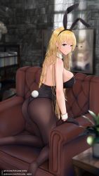 Rule 34 | 1girl, animal ears, ass, azur lane, back, black gloves, blue eyes, breasts, couch, detached collar, fake animal ears, gloves, highres, kitsune-neko, kneeling, large breasts, leotard, long hair, looking at viewer, north carolina (azur lane), pantyhose, pixiv username, plant, playboy bunny, potted plant, rabbit ears, rabbit tail, smile, solo, tail, wrist cuffs