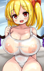 Rule 34 | 1girl, 3141592ppp, :d, blonde hair, breasts, flandre scarlet, huge breasts, looking at viewer, nipples, one-piece swimsuit, open mouth, oppai loli, red eyes, school swimsuit, see-through, smile, solo, swimsuit, thick thighs, thighs, touhou, wet, wet clothes, white one-piece swimsuit, white school swimsuit, wings