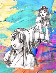 Rule 34 | 1girl, ainu clothes, arm support, black hair, breasts, fingerless gloves, gloves, hair ribbon, highres, long hair, looking at viewer, monochrome, nakoruru, paint, parted lips, ribbon, samurai spirits, sitting, sketch, small breasts, smile, snk, solo, the king of fighters, traditional media