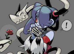 Rule 34 | !, 1girl, 2020, 770mk, blue hair, blue skin, colored skin, detached collar, detached sleeves, closed eyes, flower, grey background, hair over one eye, leviathan (skullgirls), own hands together, red eyes, side ponytail, skullgirls, smile, solo, squigly (skullgirls), stitched mouth, stitches, striped, tagme, upper body, zombie