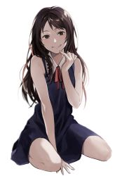 Rule 34 | 1girl, black dress, black eyes, black hair, dress, full body, hand up, highres, jujutsu kaisen, kneeling, long hair, looking at viewer, mole, mole under mouth, orimoto rika, parted lips, simple background, sleeveless, sleeveless dress, smile, solo, tntnsososo, white background