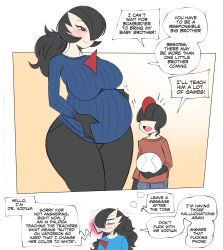 Rule 34 | 1boy, 1girl, 2koma, black hair, blue shirt, blue sweater, blush, breasts, collarbone, colored skin, comic, cowboy shot, creatures (company), english text, game freak, gardevoir, gen 3 pokemon, gradient background, hallucination, happy, highres, large areolae, large breasts, long hair, mature female, mother and son, nintendo, no humans, open mouth, orange shirt, phone, pokemon, ponytail, pregnant, psychic, ralts, red eyes, saltyxodium, scared, shirt, simple background, smile, speech bubble, standing, striped clothes, striped sweater, sweat, sweater, teeth, thick thighs, thighs, upper teeth only, white background, white skin, wide hips, yellow background