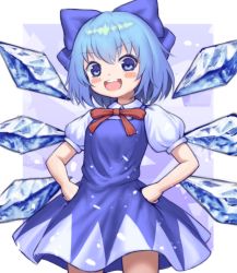 Rule 34 | 1girl, :d, blue background, blue bow, blue dress, blue eyes, blue hair, border, bow, breasts, cirno, commentary request, dress, hair bow, hands on own hips, highres, ice, ice wings, looking at viewer, open mouth, pinafore dress, puffy short sleeves, puffy sleeves, ray illustrator, short hair, short sleeves, sleeveless dress, small breasts, smile, snowing, solo, standing, teeth, touhou, upper body, upper teeth only, v-shaped eyebrows, wings