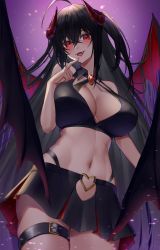Rule 34 | 1girl, :d, ahoge, azur lane, bare arms, bare shoulders, bikini, black bikini, black hair, blush, breasts, cleavage, cowboy shot, demon girl, demon horns, demon wings, fangs, finger to mouth, gradient background, gradient hair, hair between eyes, halloween costume, highres, horns, large breasts, light particles, long hair, miniskirt, multicolored hair, navel, one side up, open mouth, purple background, purple hair, red eyes, red wings, skirt, smile, solo, stomach, straight hair, swimsuit, taihou (azur lane), thigh gap, thigh strap, thong, very long hair, wings, yorugami rei