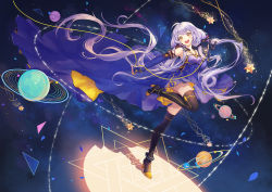 Rule 34 | 1girl, black thighhighs, boots, criin (659503), detached sleeves, dress, full body, high heel boots, high heels, holding, holding microphone, knee up, long hair, looking at viewer, microphone, open mouth, purple dress, purple hair, smile, solo, standing, standing on one leg, star (symbol), teeth, thigh boots, thighhighs, very long hair, vocaloid, vocanese, xingchen, yellow eyes