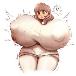 Rule 34 | !, !!, 1girl, alternate breast size, blush, breast hold, breasts, brown eyes, brown hair, covered erect nipples, earrings, gigantic breasts, highres, jewelry, looking at breasts, no bra, omori, open mouth, polly (omori), simple background, solo, stud earrings, thick thighs, thighs, white background