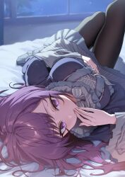 Rule 34 | 1girl, black pantyhose, blue dress, breasts, commission, dress, finger to mouth, foreshortening, highres, large breasts, long hair, looking at viewer, looking up, lying, medium breasts, night, night sky, on bed, original, pantyhose, pixiv commission, purple hair, sky, solo, yampa