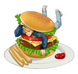 Rule 34 | 10s, 1boy, bad id, bad pixiv id, blonde hair, blue eyes, blue jacket, bomber jacket, food, french fries, burger, jacket, keith goodman, ketchup, male focus, shoes, sneakers, solo, tiger &amp; bunny, v-room