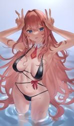 Rule 34 | 1girl, absurdres, aragiken, armpits, arms up, bikini, black bikini, blue eyes, blush, bow, breasts, breasts apart, collarbone, detached collar, double v, hair between eyes, hair down, hair intakes, hair wings, head wings, highres, hololive, large breasts, long hair, looking at viewer, navel, necktie, open mouth, pink hair, red bow, red necktie, short necktie, smile, solo, swimsuit, takane lui, thighs, thong, v, very long hair, virtual youtuber, wading, water, wet, wings