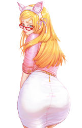 Rule 34 | 10s, 1girl, 9one, animal ears, ass, bell, belt, blade &amp; soul, blonde hair, blue eyes, cat ears, glasses, gon (blade &amp; soul), hair bell, hair ornament, hairband, highres, jacket, jingle bell, lips, lipstick, long hair, looking at viewer, looking back, looking over eyewear, makeup, miniskirt, office lady, original, pantylines, pencil skirt, pink jacket, pink shirt, red-framed eyewear, shirt, simple background, skirt, smile, solo, swept bangs, taut clothes, white background, white skirt