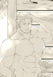 Rule 34 | 1boy, abs, bad id, bad twitter id, bara, dagon (housamo), facial hair, fins, greyscale, hair slicked back, hair strand, hand on own head, hinokumo f, large pectorals, long sideburns, male focus, monochrome, muscular, navel, nude, pectorals, short hair, showering, sideburns, solo, stubble, tentacles, tokyo houkago summoners, upper body, wet