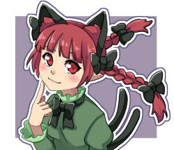 Rule 34 | 1girl, animal ear fluff, animal ears, black bow, black bowtie, blunt bangs, blush, border, bow, bowtie, braid, cat ears, cat tail, closed mouth, dress, extra ears, eyebrows hidden by hair, finger to own chin, floating hair, frills, green dress, hair bow, hair ribbon, hand up, juliet sleeves, kaenbyou rin, long hair, long sleeves, looking at viewer, multiple tails, nekomata, one-hour drawing challenge, outline, outside border, pointy ears, puffy sleeves, purple background, red eyes, red hair, renshirenji, ribbon, simple background, smile, solo, tail, touhou, tress ribbon, twin braids, twintails, two tails, upper body, white border, white outline
