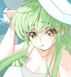 Rule 34 | 1girl, blush, breasts, c.c., cleavage, code geass, creayus, green hair, hat, long hair, looking at viewer, solo, upper body, white hat, yellow eyes