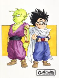 Rule 34 | 2boys, a24wks, adjusting belt, alien, antennae, black eyes, black hair, cape, colored skin, commentary request, dougi, dragon ball, dragon ball super, dragon ball super super hero, glasses, green skin, highres, large pectorals, male focus, marker (medium), multiple boys, muscular, muscular male, namekian, official style, pectorals, piccolo, pointy ears, potential unleashed, shoulder pads, signature, smile, son gohan, toriyama akira (style), traditional media, white cape
